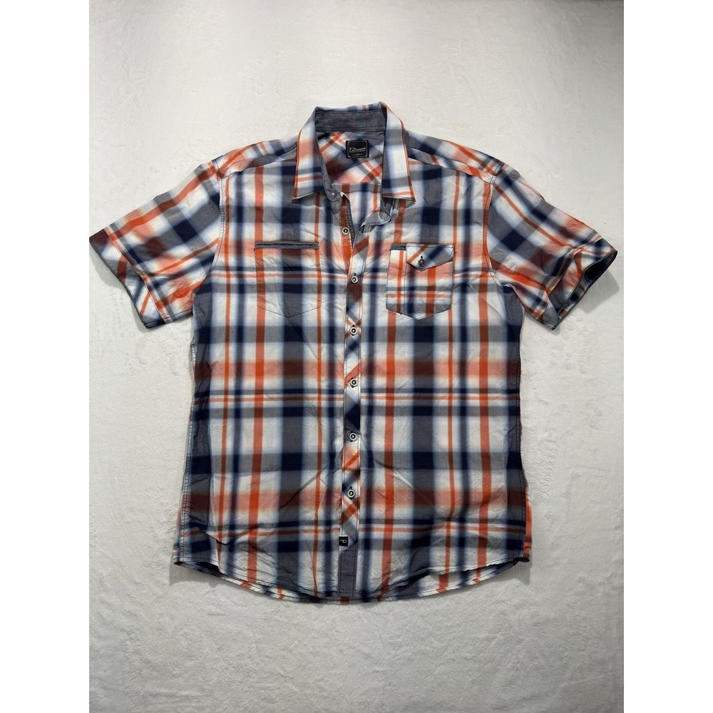 7 Diamonds Shirt Mens XL Blue Plaid Short Sleeve Button Up Pockets Casual